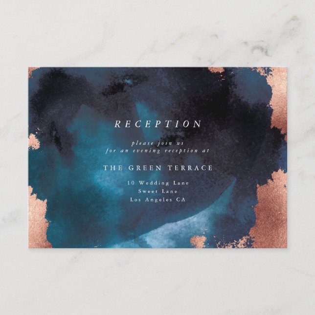 Watercolor Navy Blue Moody Rose Gold Wedding Enclosure Card (Front)