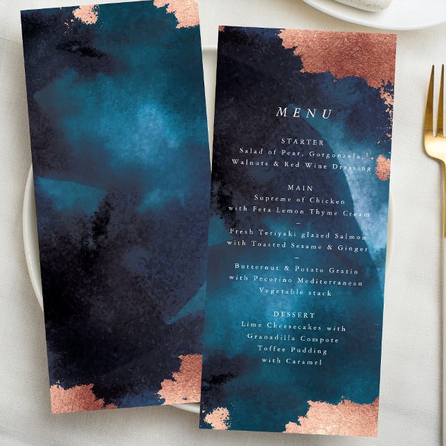 Watercolor Navy Blue Moody Rose Gold Wedding Menu (Creator Uploaded)