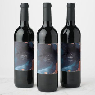 Watercolor Navy Blue Moody Rose Gold Wedding Wine Label