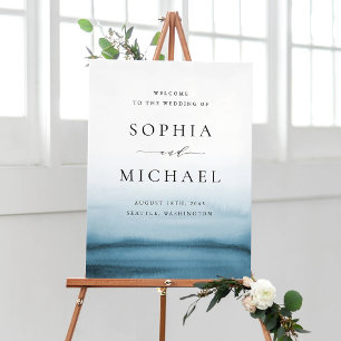 Watercolor Navy Blue Ombre Modern Wedding Welcome Poster