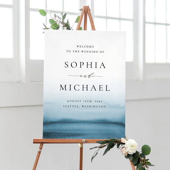Watercolor Navy Blue Ombre Modern Wedding Welcome Poster (Creator Uploaded)