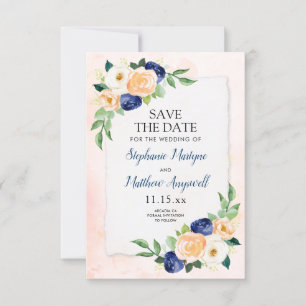 Watercolor Navy Blue Peach Coral Floral Wedding Save The Date