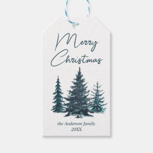 Watercolor Navy Blue Pine Trees Merry Christmas    Gift Tags