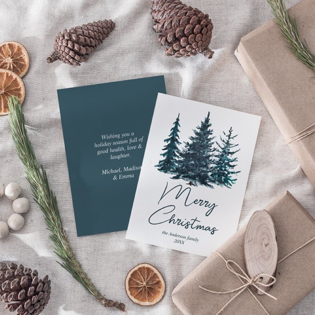 Watercolor Navy Blue Pine Trees Merry Christmas    Holiday Card (Creator Uploaded)