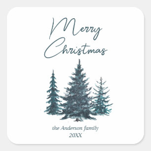 Watercolor Navy Blue Pine Trees Merry Christmas    Square Sticker