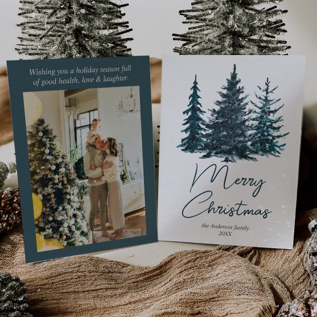 Watercolor Navy Blue Pine Trees Photo Christmas    Holiday Card (Creator Uploaded)