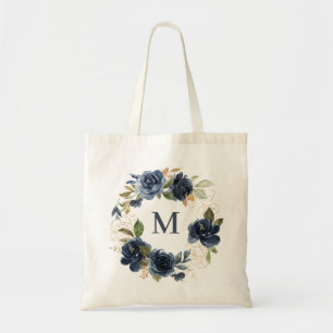 Watercolor Navy Blue Roses Floral Wreath Monogram Tote Bag
