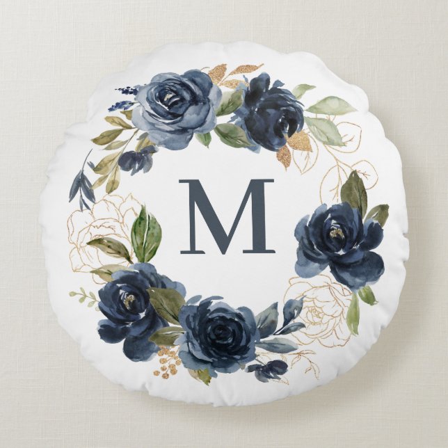 Watercolor Navy Blue Roses Wreath Gold Monogram Round Cushion (Front)