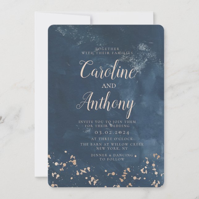 Watercolor Navy Blue Starry Rose gold Wedding  Invitation (Front)