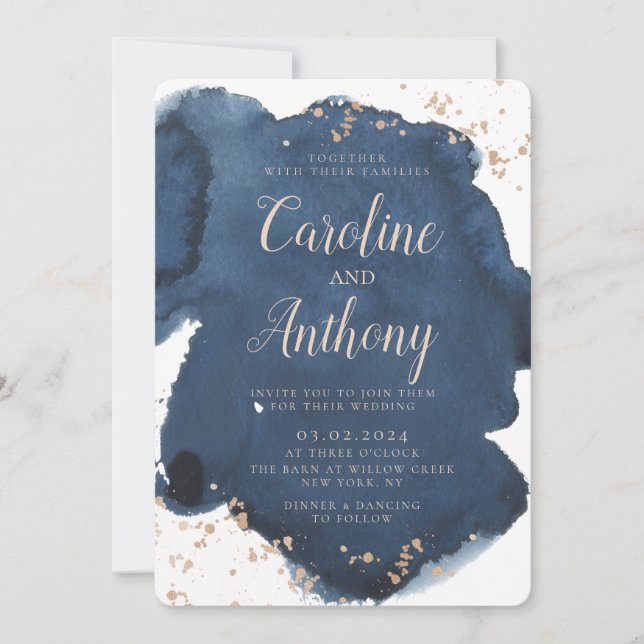 Watercolor Navy Blue Starry Rose gold Wedding  Invitation (Front)