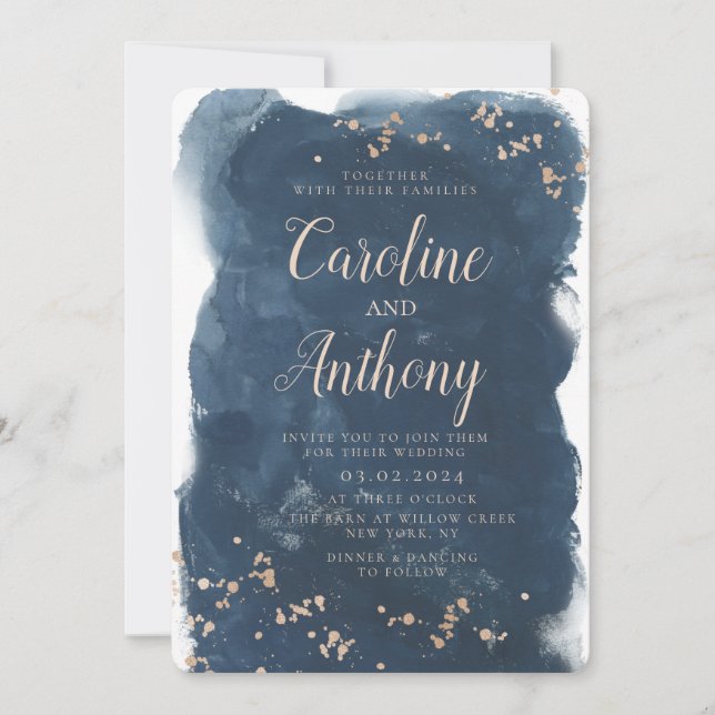 Watercolor Navy Blue Starry Rose gold Wedding Invitation (Front)
