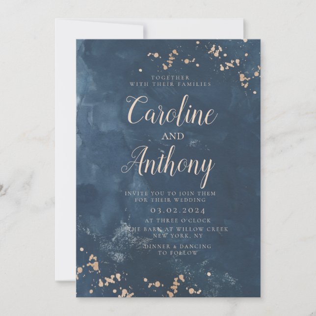 Watercolor Navy Blue Starry Rose gold Wedding  Invitation (Front)
