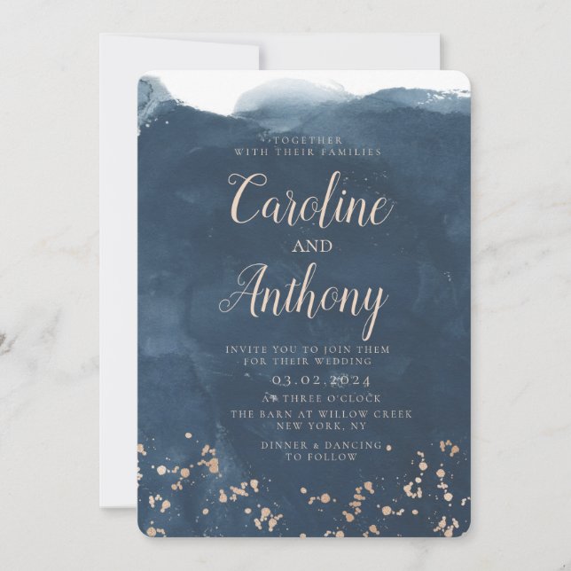 Watercolor Navy Blue Starry Rose gold Wedding  Invitation (Front)