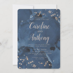 Watercolor Navy Blue Starry Rose gold Wedding  Invitation