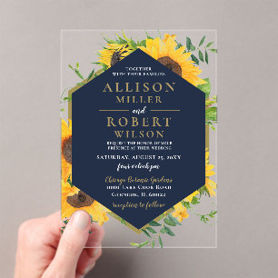 Watercolor Navy Blue Sunflower Rustic Wedding Acrylic Invitations