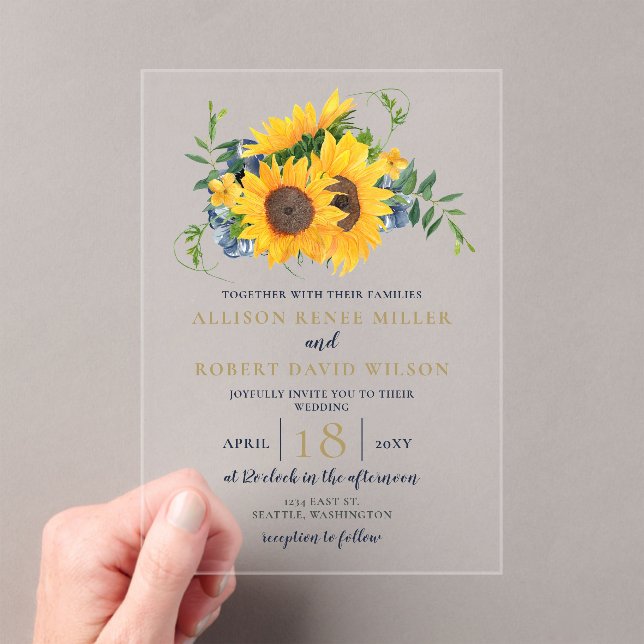 Watercolor Navy Blue Sunflower Rustic Wedding Acrylic Invitations (Insitu (Handheld))
