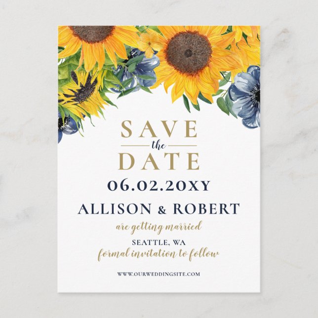 Watercolor Navy Blue Sunflower Rustic Wedding Announcement Postcard (Front)