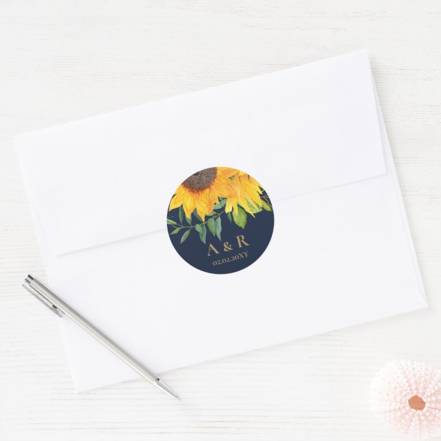 Watercolor Navy Blue Sunflower Rustic Wedding Classic Round Sticker (Envelope)
