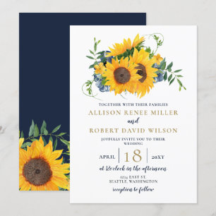 Watercolor Navy Blue Sunflower Rustic Wedding Invitation