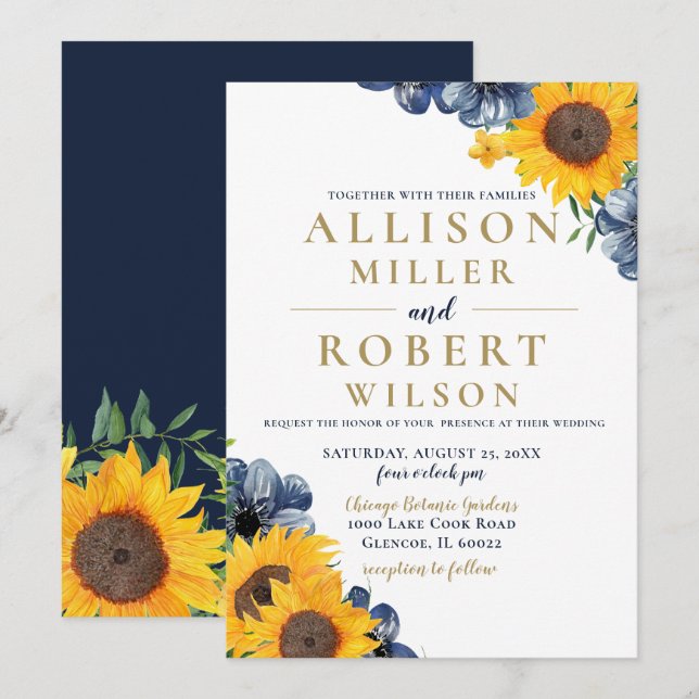 Watercolor Navy Blue Sunflower Rustic Wedding Invitation (Front/Back)