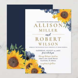 Watercolor Navy Blue Sunflower Rustic Wedding Invitation