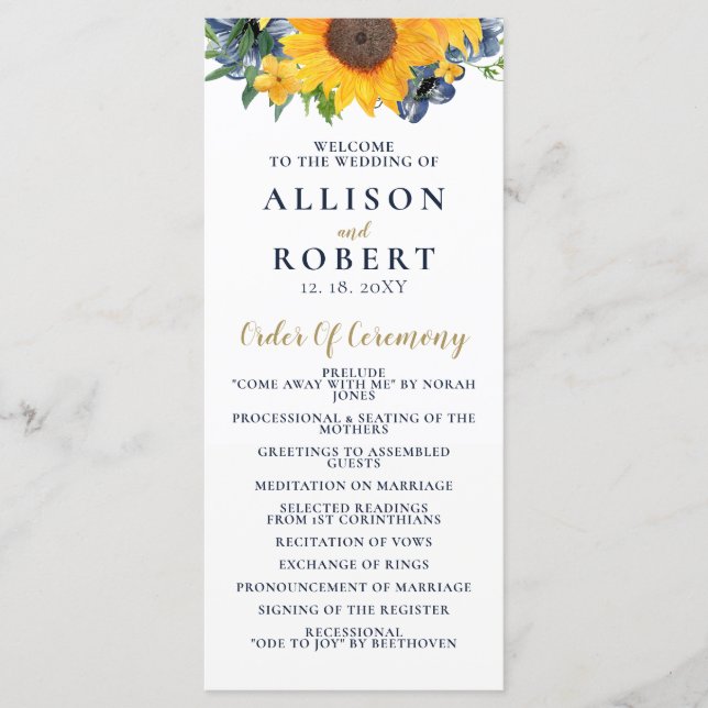 Watercolor Navy Blue Sunflower Rustic Wedding Programme (Front)