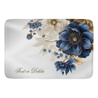  Watercolor Navy Blue White Golden Floral Silver Bath Mat