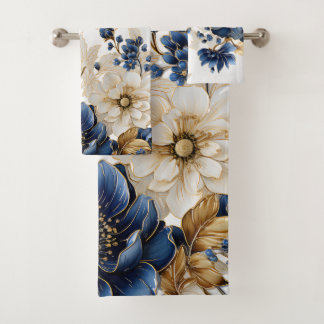  Watercolor Navy Blue White Golden Floral Silver Bath Towel Set