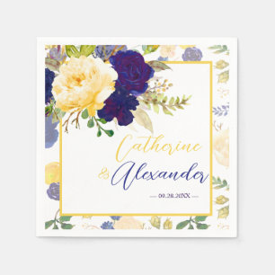 Watercolor Navy Blue Yellow Floral Wedding Paper Napkin