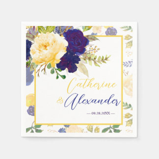 Watercolor Navy Blue Yellow Floral Wedding Paper Napkin