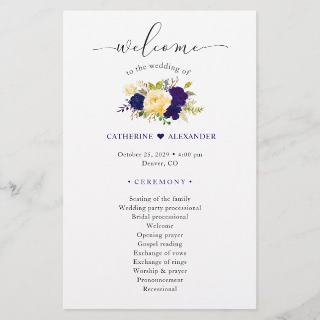 Watercolor Navy Blue Yellow Floral Wedding Program (Front)