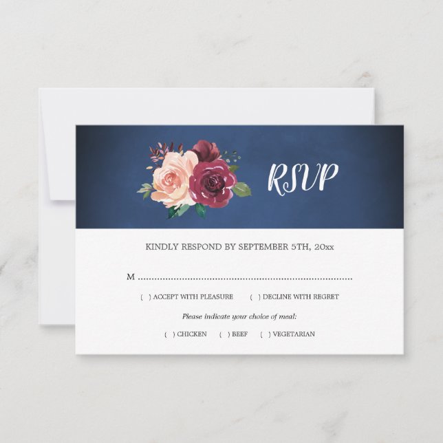 Watercolor Navy Blush Burgundy Rose Wedding Meal RSVP Card (Front)