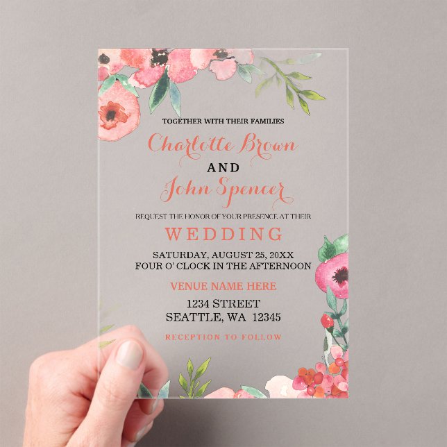 Watercolor Navy Blush Floral Elegant Wedding Acrylic Invitations (Insitu (Handheld))