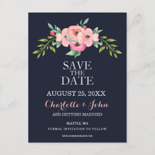 Watercolor Navy Blush Floral Elegant Wedding Announcement Postcard