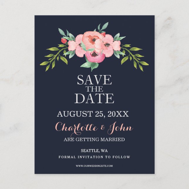 Watercolor Navy Blush Floral Elegant Wedding Announcement Postcard (Front)
