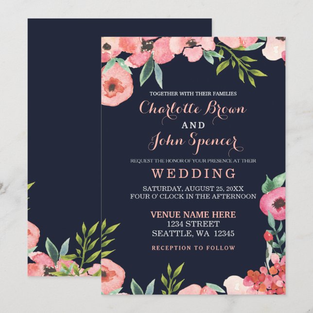 Watercolor Navy Blush Floral Elegant Wedding Invitation (Front/Back)