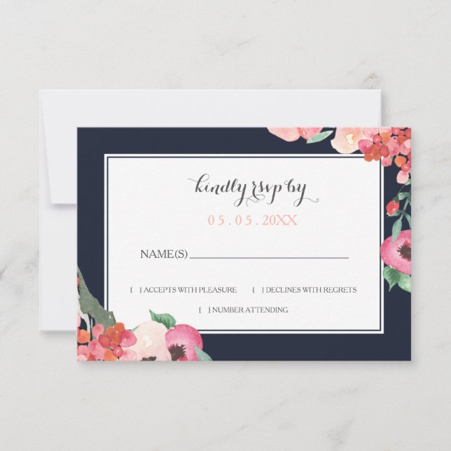 Watercolor Navy Blush Floral Elegant Wedding RSVP Card (Front)