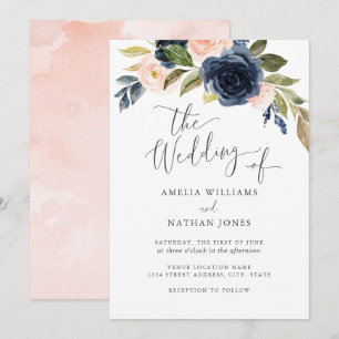 Watercolor Navy Blush Flower Wreath Wedding Invitation
