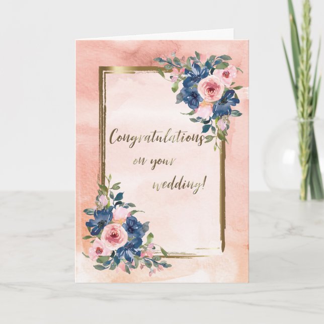 Watercolor Navy & Blush Wedding Card (Front)