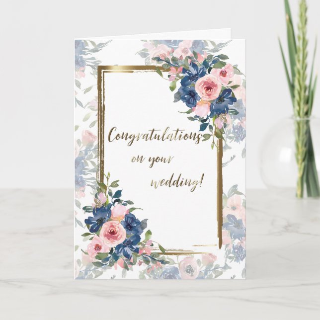 Watercolor Navy & Blush Wedding Card (Front)