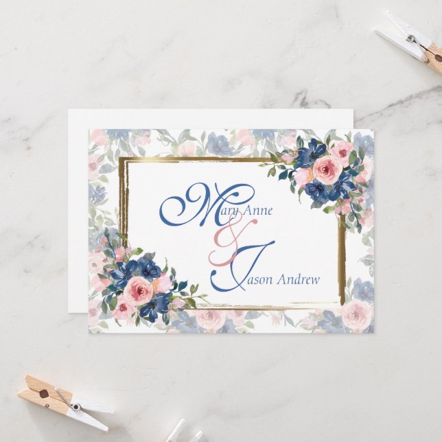 Watercolor Navy & Blush Wedding Invitation (Front/Back In Situ)