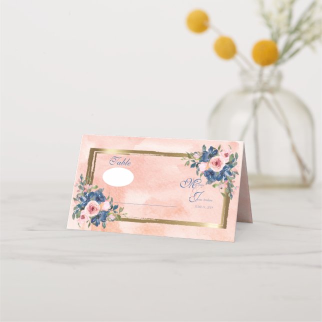 Watercolor Navy & Blush Wedding Place Card (Front)