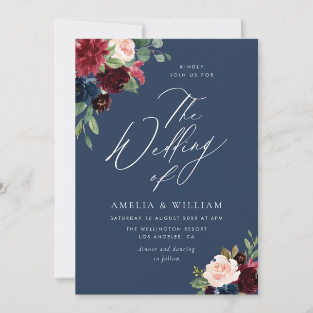 watercolor navy, burgundy & blush wedding invitation (Front)