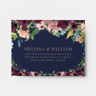 Watercolor Navy Burgundy Coral Wedding RSVP Envelope