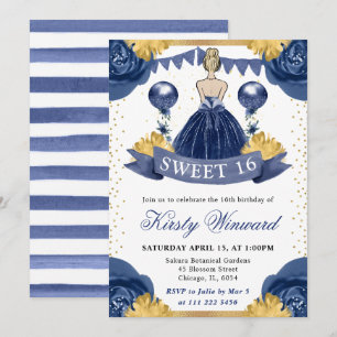 Watercolor Navy Dress Blonde Princess Sweet 16 Invitation