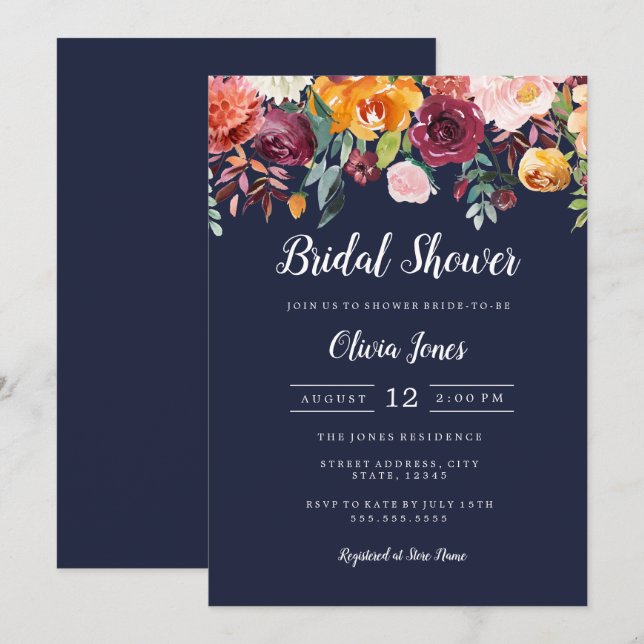 Watercolor Navy Floral Bridal Shower Card (Front/Back)