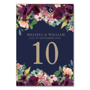 Watercolor Navy Floral Burgundy Wedding Table Number