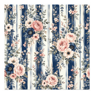 Watercolor Navy Floral Stripe Art Photo Print
