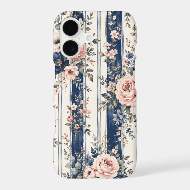 Watercolor Navy Floral Stripe Pattern Design (Back)