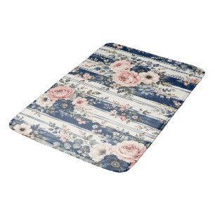 Watercolor Navy Floral Stripe Pattern Design Bath Mat
